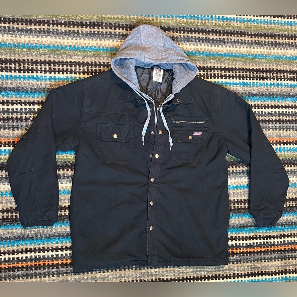 Dickies Men’s Black Hooded Jacket XL Canvas Workwear Quilted Lining Pockets $65